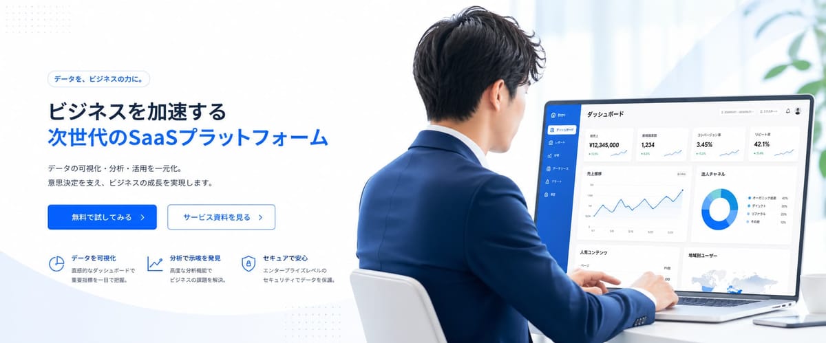 GPT Image 2 で生成した SaaS の LP ヒーロー画像。「ビジネスを加速する次世代のSaaSプラットフォーム」の見出しと、ダッシュボードを操作するスーツ姿の男性