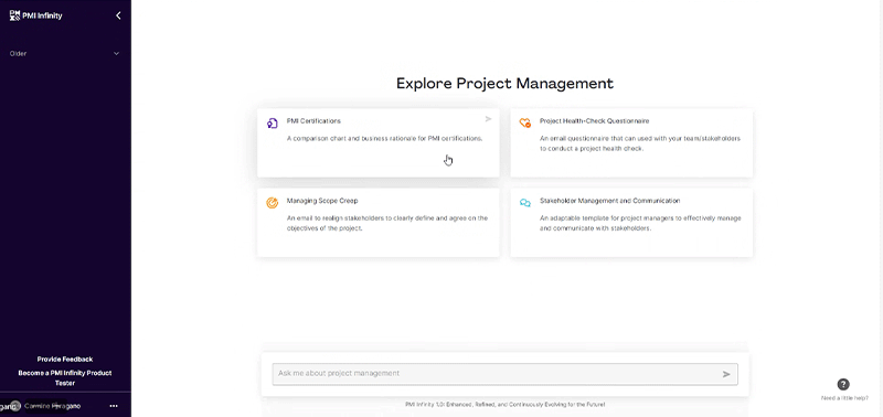 PMI Infinity のホーム画面「Explore Project Management」。PMI 資格・プロジェクト健全性チェック・スコープクリープ管理・ステークホルダー管理の4カテゴリーが並ぶ