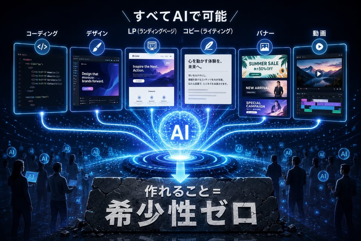 「作れること＝希少性ゼロ」を表す図。コーディング・デザイン・LP・コピー・バナー・動画がすべてAIで作れるようになり、作れること自体の希少性が失われる様子