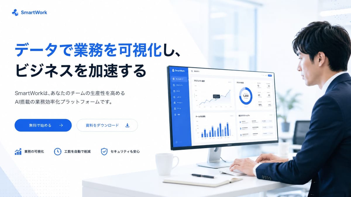 GPT Image 2 で生成した LP のファーストビュー。架空サービス「SmartWork」の「データで業務を可視化し、ビジネスを加速する」の見出しとCTAボタン、ダッシュボードを見るスーツ姿の男性
