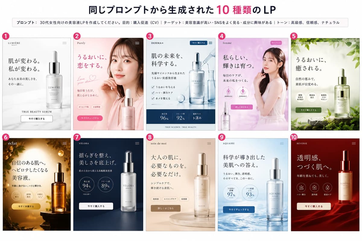 同じプロンプトから生成された10種類の美容液LPを並べた一覧。白基調のミニマル、ピンク系の人物写真、医療系の数値訴求、自然素材風、ゴールド系、赤系など、配色も構成もばらばら