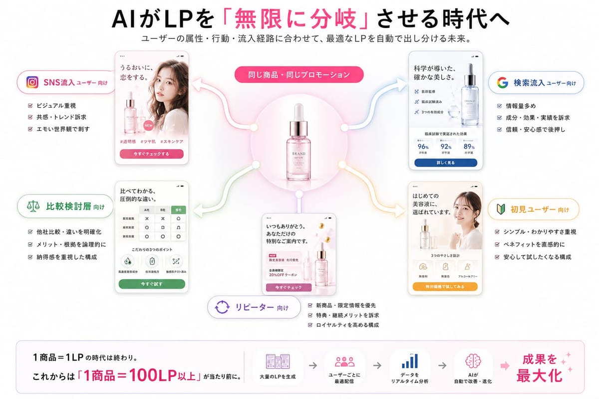 同じ商品のLPを流入元ごとに出し分ける図。SNS流入・検索流入・比較検討層・初見ユーザー・リピーター向けに別々のLPを用意し、「1商品＝100LP以上」で成果を最大化する流れ