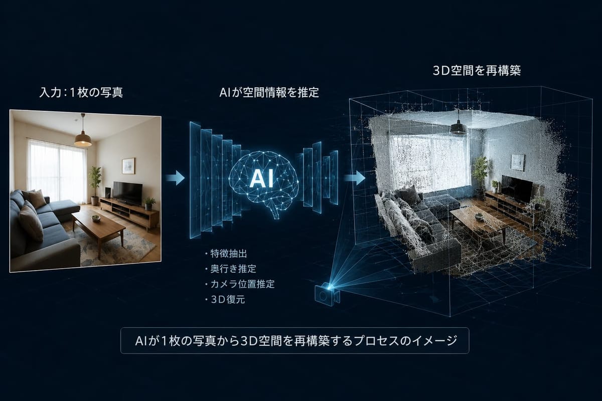1枚の室内写真から AI が特徴抽出・奥行き推定・カメラ位置推定・3D復元を行い、点群の3D空間を再構築するプロセスの図