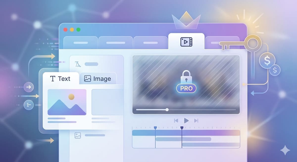 動画編集画面の動画タブに鍵と「PRO」の表示があり、動画生成が有料プラン限定であることを表すイメージ
