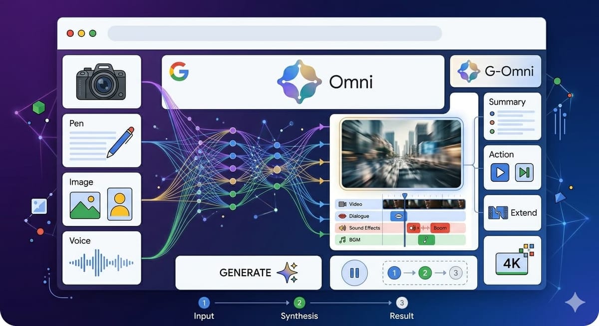 Gemini Omni のイメージ図。カメラ・ペン・画像・音声の入力を1つのモデルで統合し、映像・セリフ・効果音・BGM 付きの動画を生成する流れ