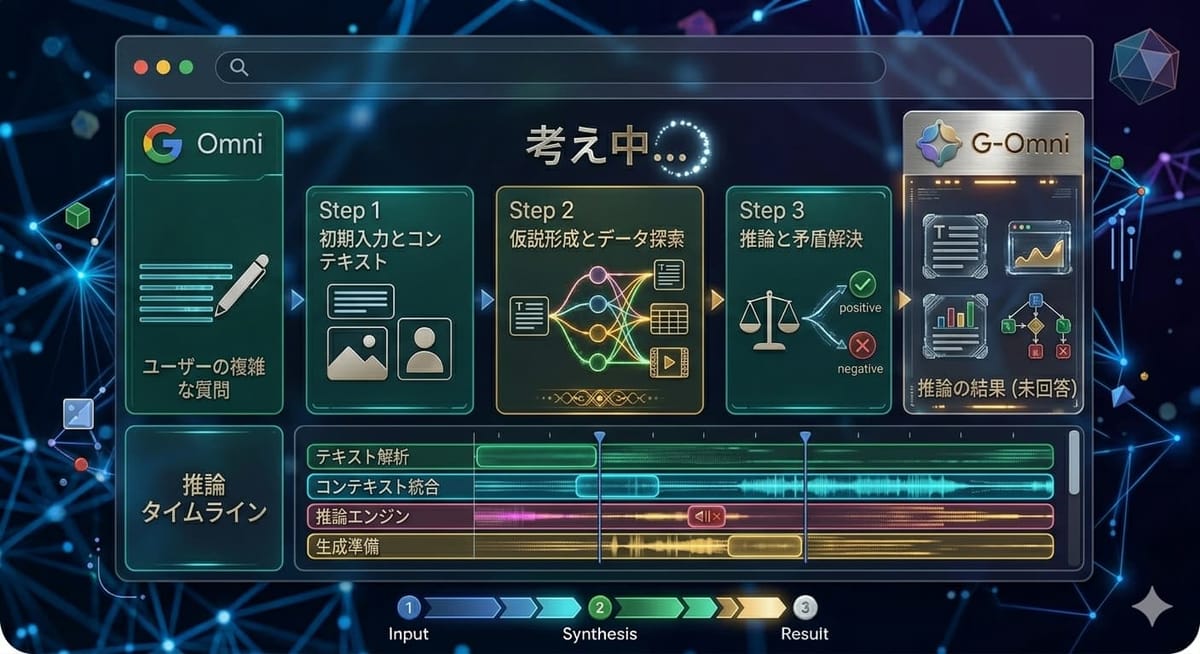 思考モードの流れを表す図。複雑な質問を、Step1 初期入力とコンテキスト、Step2 仮説形成とデータ探索、Step3 推論と矛盾解決の順に考えてから答える