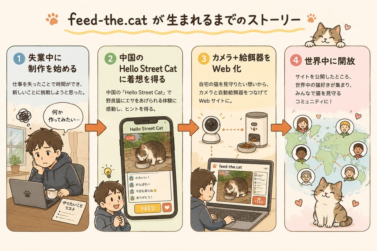 feed-the.cat が生まれるまでの4ステップの図。①失業中に制作を始める ②中国の Hello Street Cat に着想 ③カメラと自動給餌器を Web 化 ④世界中に公開し猫好きが集まる