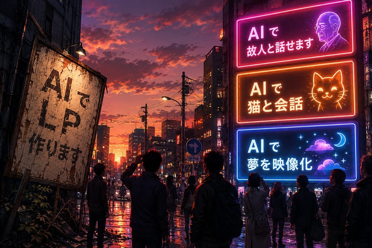 夕暮れの街で人々がネオン看板を見上げる様子。古びた「AIでLP作ります」の看板の横に「AIで故人と話せます」「AIで猫と会話」「AIで夢を映像化」が光る