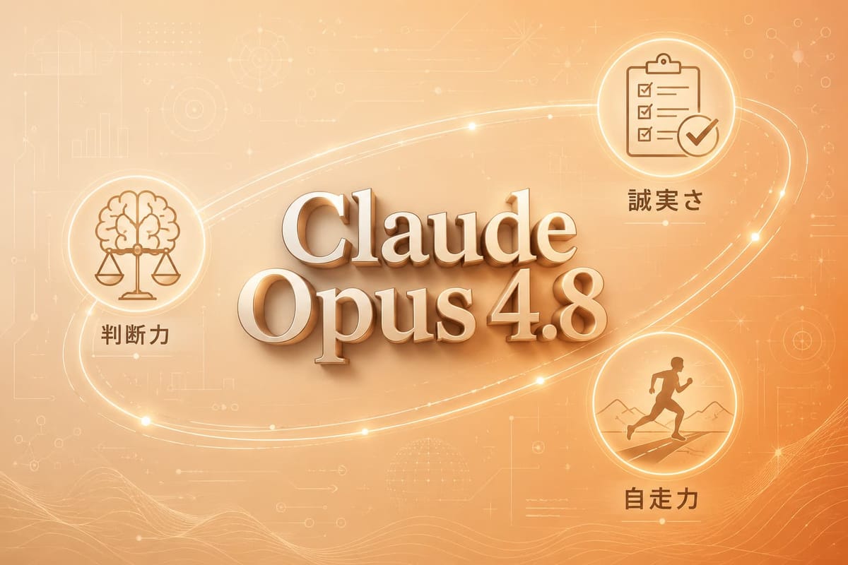 Claude Opus 4.8のアイキャッチ。判断力・誠実さ・自走力の3つのアイコンがロゴを囲む