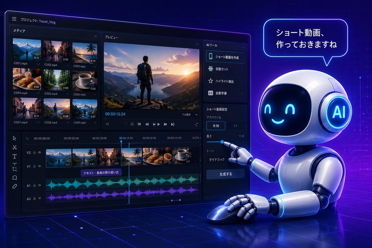 動画編集ソフトの前でロボットが「ショート動画、作っておきますね」と話し、AI ツールで9:16のショート動画を生成しようとしているイメージ