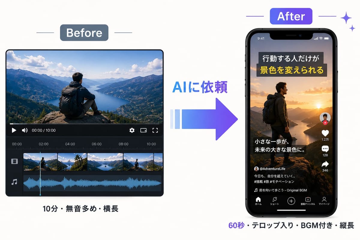 AI に依頼する前後の比較図。Before は10分・無音多め・横長の動画、After は60秒・テロップ入り・BGM付き・縦長のショート動画