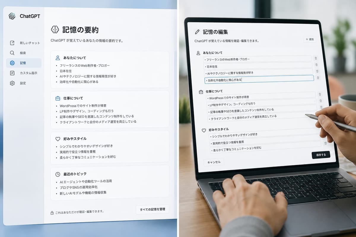 ChatGPT の「記憶の要約」画面と「記憶の編集」画面。あなたについて・仕事について・好みやスタイル・最近のトピックに分けて記憶が並び、ノートPCで項目を編集している様子