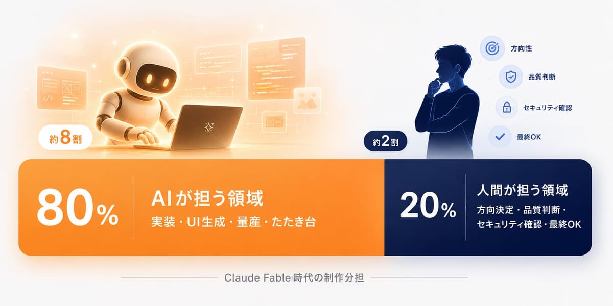 Claude Fable 時代の制作分担の図。AI が約8割(実装・UI生成・量産・たたき台)、人間が約2割(方向決定・品質判断・セキュリティ確認・最終OK)を担う