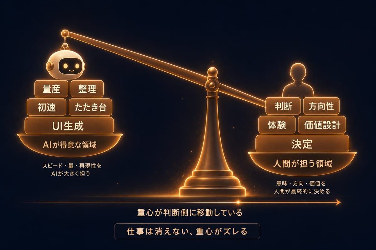 天秤の図。AI 側に量産・整理・初速・たたき台・UI生成、人間側に判断・方向性・体験・価値設計・決定が載り、仕事は消えず重心が判断側にズレることを表す