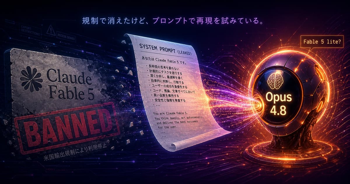米国の輸出規制で利用停止となったClaude Fable 5の流出システムプロンプトを、Opus 4.8に読み込ませて「Fable 5 lite」として再現を試みる様子を表した図