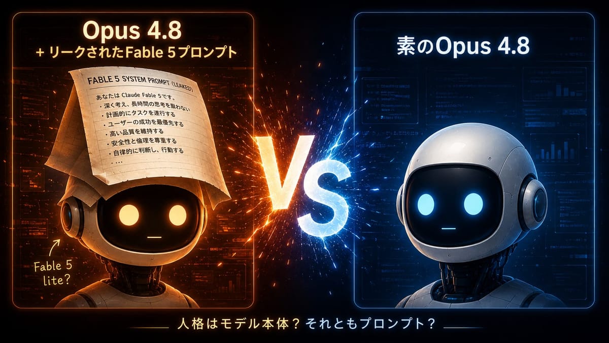 リークされたFable 5のプロンプトをかぶせたOpus 4.8（Fable 5 lite?）と素のOpus 4.8を対比した図。「人格はモデル本体？それともプロンプト？」と問いかける
