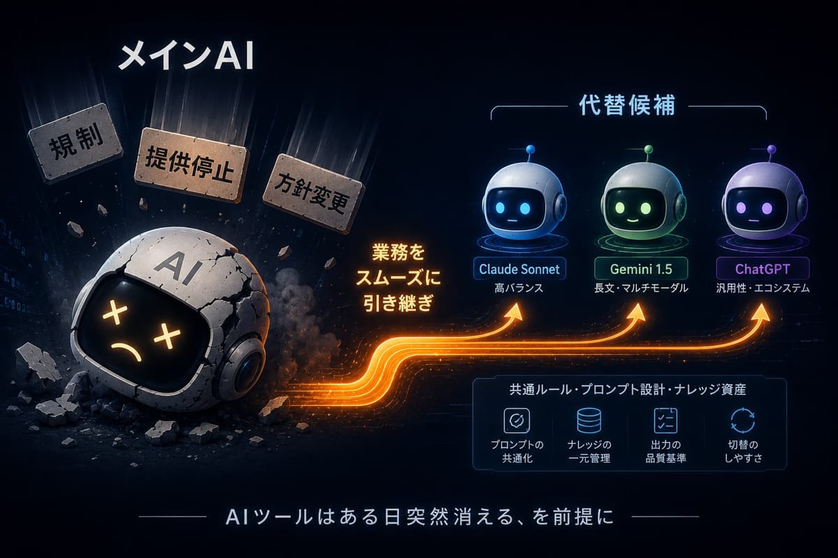メインAIが規制・提供停止・方針変更で使えなくなっても、Claude Sonnet・Gemini 1.5・ChatGPTなどの代替候補へ業務を引き継ぐ図。共通ルール・プロンプト設計・ナレッジ資産を備えておく