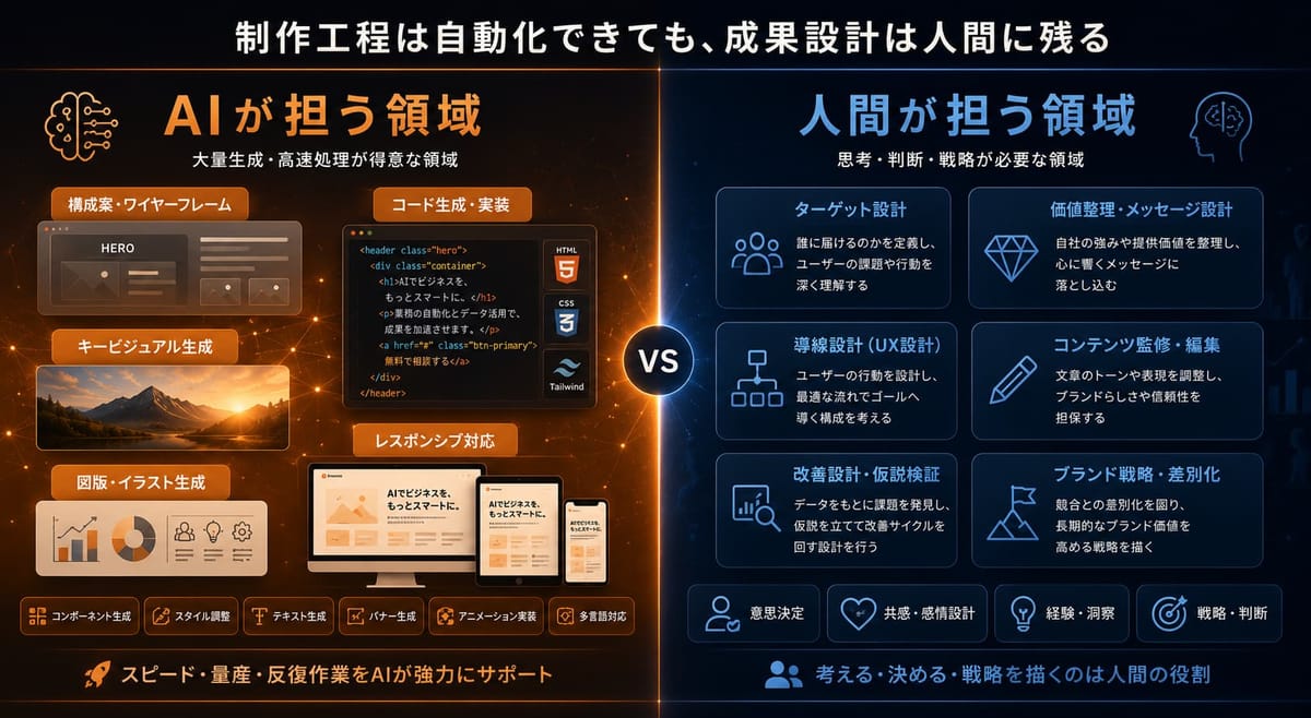 LP制作でのAIと人間の役割分担の図。AIは構成案・コード生成・キービジュアル・図版・レスポンシブ対応、人間はターゲット設計・価値整理・導線設計・コンテンツ監修・改善設計・ブランド戦略を担う