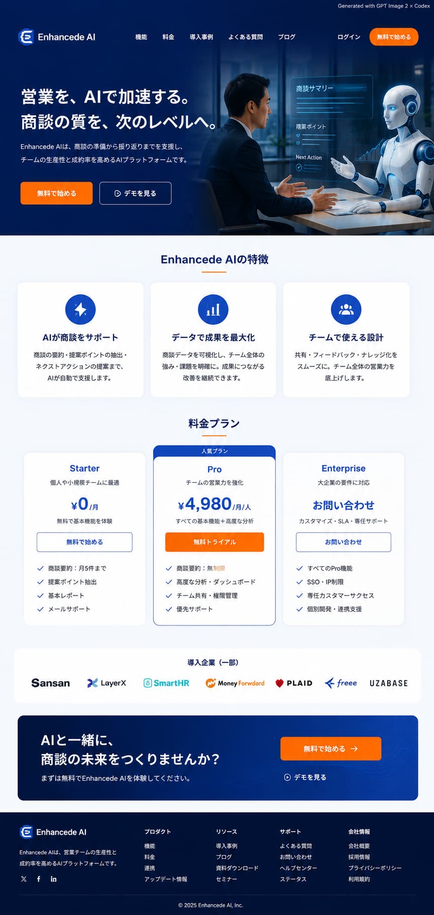 GPT Image 2 × Codex で作った架空の営業支援AIサービス「Enhancede AI」の LP。「営業を、AIで加速する。」の見出し、特徴3点、3つの料金プラン、導入企業ロゴ、CTA で構成