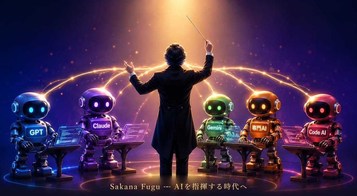 指揮者がGPT・Claude・Gemini・専門AI・Code AIのロボットを指揮する様子で、Sakana Fuguが示す「AIを指揮する時代」を表したアイキャッチ