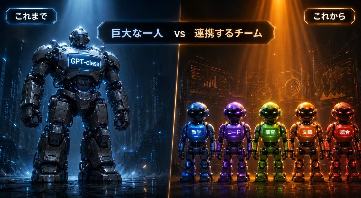 これまでの「巨大な一人」（GPT-classの大型ロボット）と、これからの「連携するチーム」（数学・コード・調査・文章・統合を担う小型ロボット5体）を対比した図