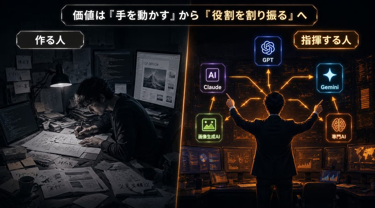 価値が「手を動かす」から「役割を割り振る」へ移ることを示す対比図。左は資料に埋もれて手作業する「作る人」、右はClaude・GPT・Gemini・画像生成AI・専門AIに役割を割り振る「指揮する人」