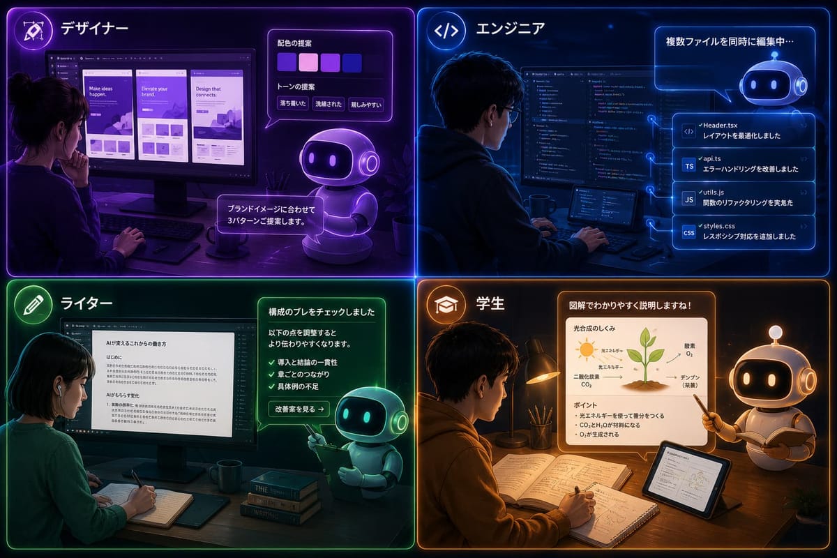 職種別にAIが手伝う場面を描いた図。デザイナーには配色とトーンの3パターン提案、エンジニアには複数ファイルの同時編集、ライターには構成のブレのチェック、学生には光合成の図解での説明