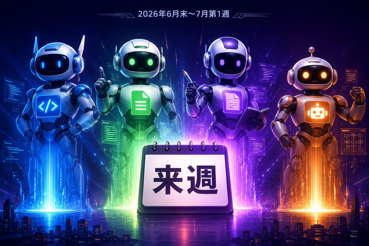 2026年6月末〜7月第1週に登場が見込まれる4つのAIモデルを、色の違う4体のロボットと「来週」のカレンダーで表したアイキャッチ