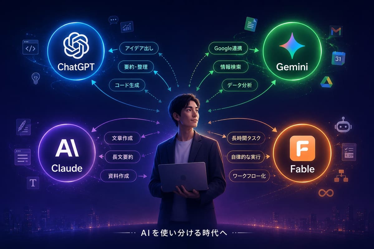 用途に応じたAIの使い分けを示す図。ChatGPTはアイデア出し・要約・コード生成、GeminiはGoogle連携・情報検索・データ分析、Claudeは文章作成・長文要約・資料作成、Fableは長時間タスク・自律実行・ワークフロー化
