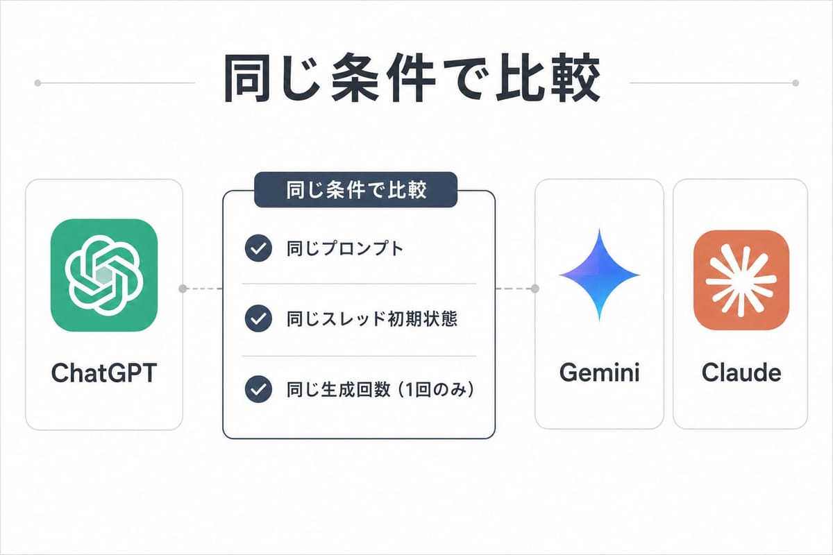 比較条件の図。ChatGPT・Gemini・Claude を、同じプロンプト・同じスレッド初期状態・同じ生成回数(1回のみ)にそろえて比較する