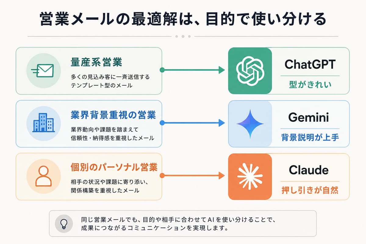 営業メールを目的で使い分ける図。量産系営業は ChatGPT(型がきれい)、業界背景重視の営業は Gemini(背景説明が上手)、個別のパーソナル営業は Claude(押し引きが自然)