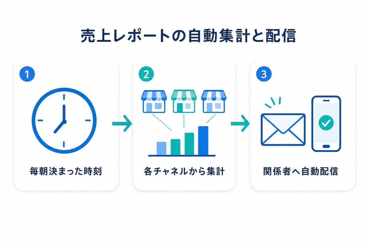売上レポートの自動集計と配信の3ステップ図解